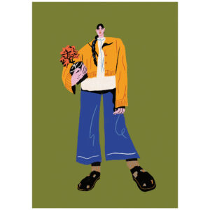 Woman with flower pot portrait A4 Art Print