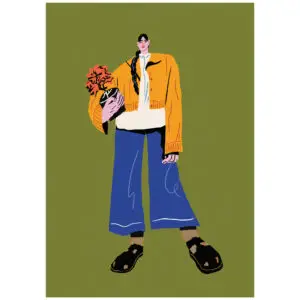 Woman with flower pot portrait A4 Art Print